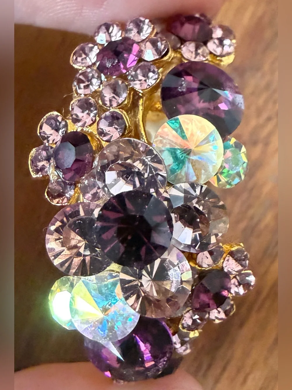 Vintage Gold-Tone Clip-On Earrings with Purple Aurora Borealis AB Rhinestone